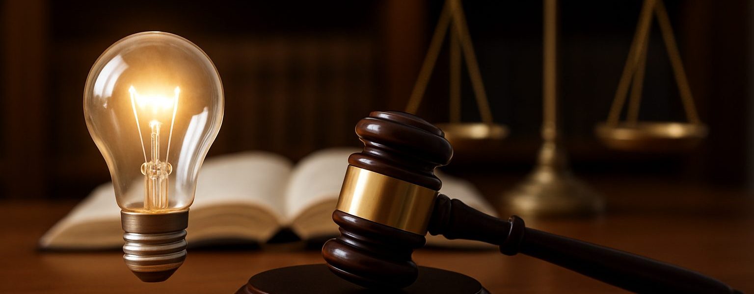 A glowing light bulb floating above a wooden gavel with a scale in the background, symbolizing legal ideas and intellect