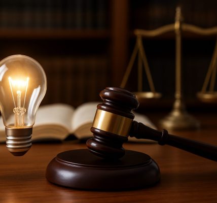 A glowing light bulb floating above a wooden gavel with a scale in the background, symbolizing legal ideas and intellect