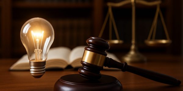 A glowing light bulb floating above a wooden gavel with a scale in the background, symbolizing legal ideas and intellect